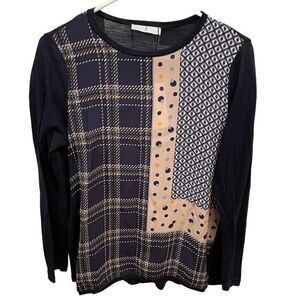 Whyci Milano YC Women's Top Floral Print Silk Wool Blend Long Sleeve Navy Size 4